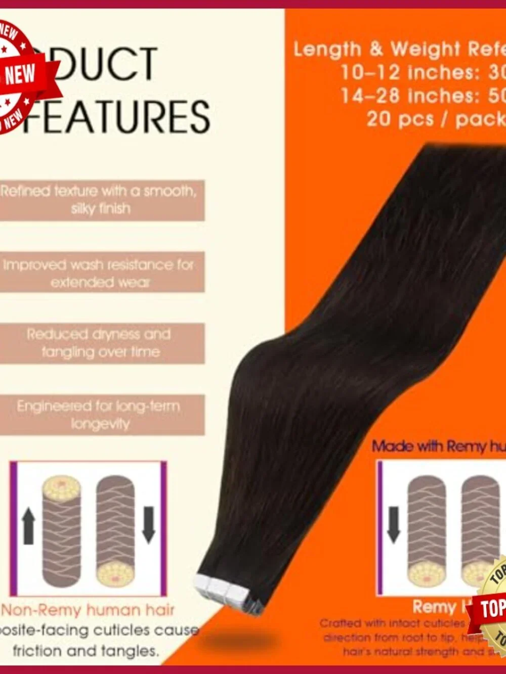 22 Inch Tape In Hair Extensions, Remy Human Hair, 20 Pieces, 50g